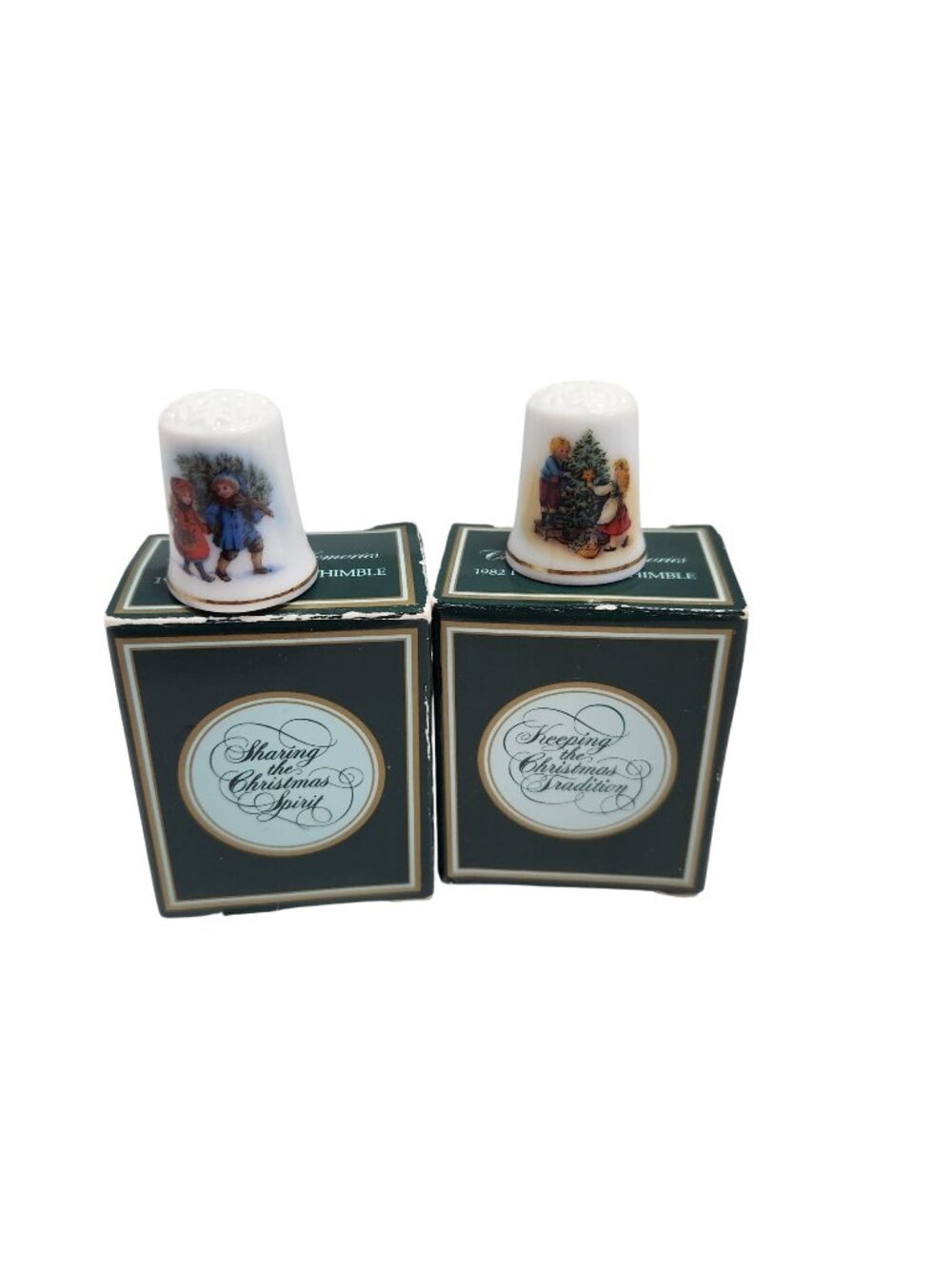 Avon Porcelain Christmas Thimbles 1981 1982 Vintage Holiday Collectible Pair